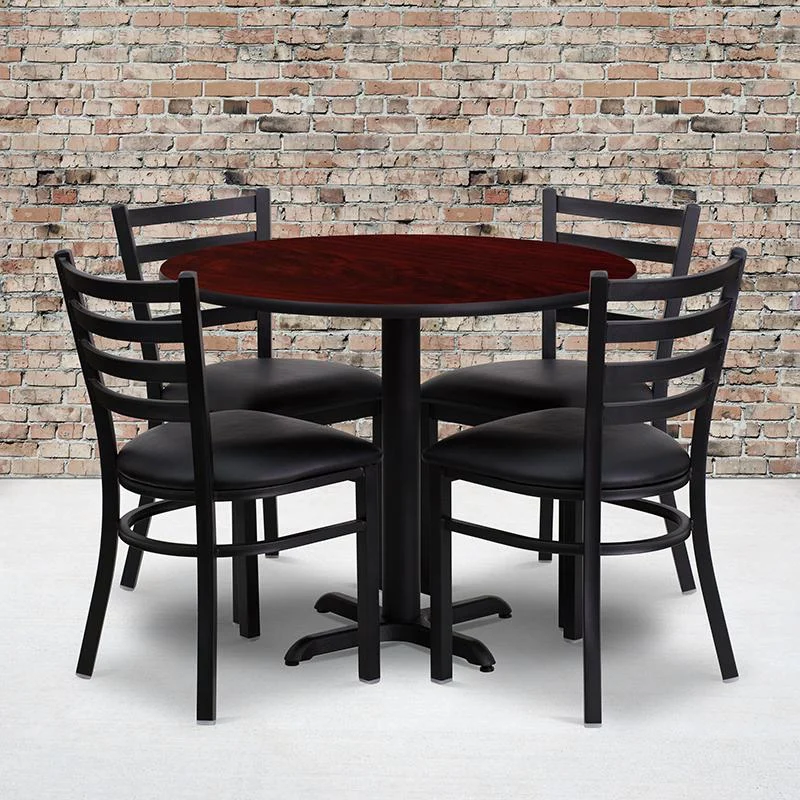 36'' Round Mahogany Laminate Table Set With X-Base And 4 Ladder Back Metal Chairs - Black Vinyl Seat By Flash Furniture | Dining Sets | Modishstore - 1
