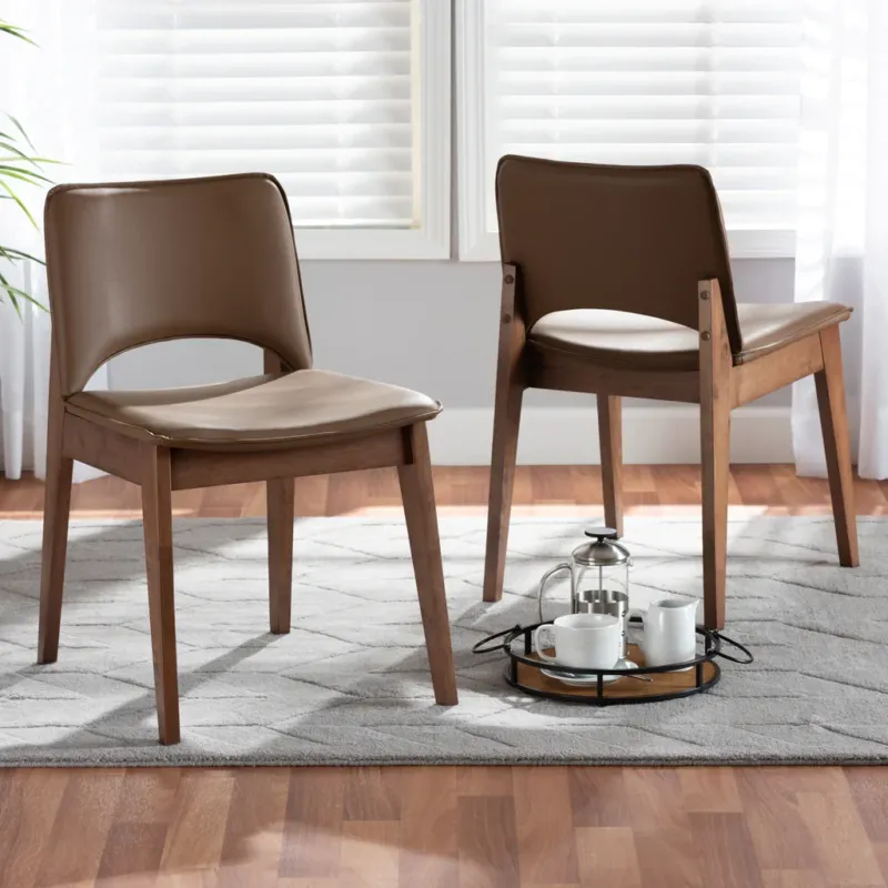 Baxton Studio Afton Mid-Century Modern Brown Faux Leather Upholstered and Walnut Brown Finished Wood 2-Piece Dining Chair Set | Dining Chairs | Modishstore
