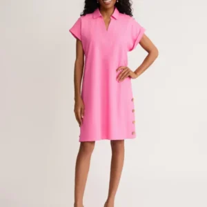 Petite A-Line Collared Side Button Dress, Linen Blend in the Color Dutch Pink | Jones New York