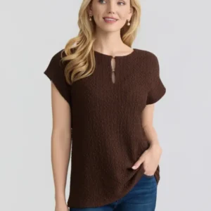 Plus Keyhole Cap Sleeve Top, Cobble Texture in the Color Fudge | Jones New York