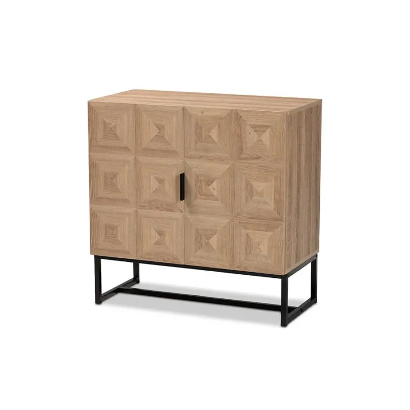 Baxton Studio Darien Modern and Contemporary Natural Brown Finished Wood and Black Metal 2-Door Storage Cabinet | Drawers | Modishstore