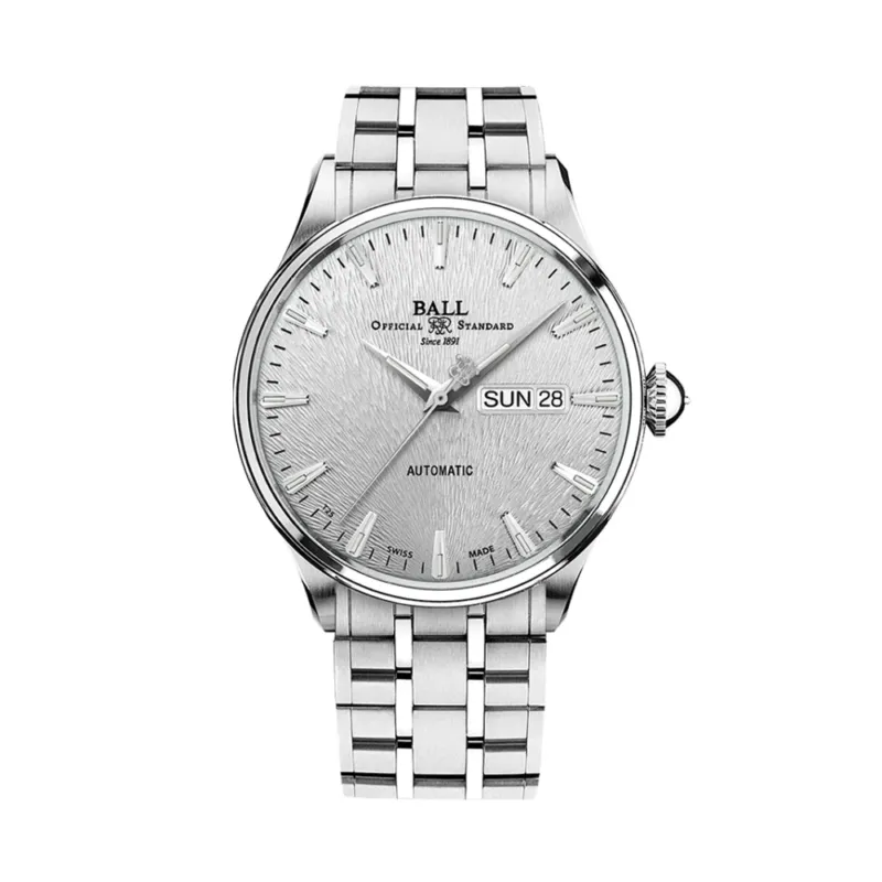 Silver stainless steel Trainmaster Eternity 39.5mm watch with day date at three o'clock on a bracelet