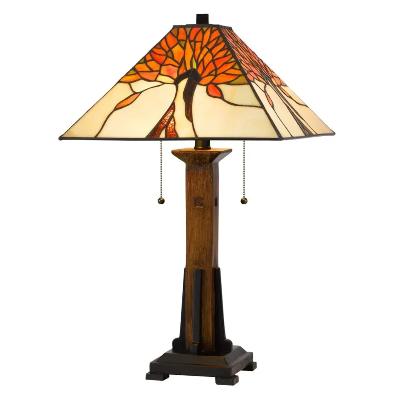 60W X 2 Tiffany Table Lamp With Pull Chain Switch W/ Resin Lamp Body By Cal Lighting | Table Lamps | Moidshstore