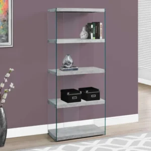 60" Grey Cement Particle Board and Clear Tempered Glass Bookcase By Homeroots | Bookcases | Modishstore