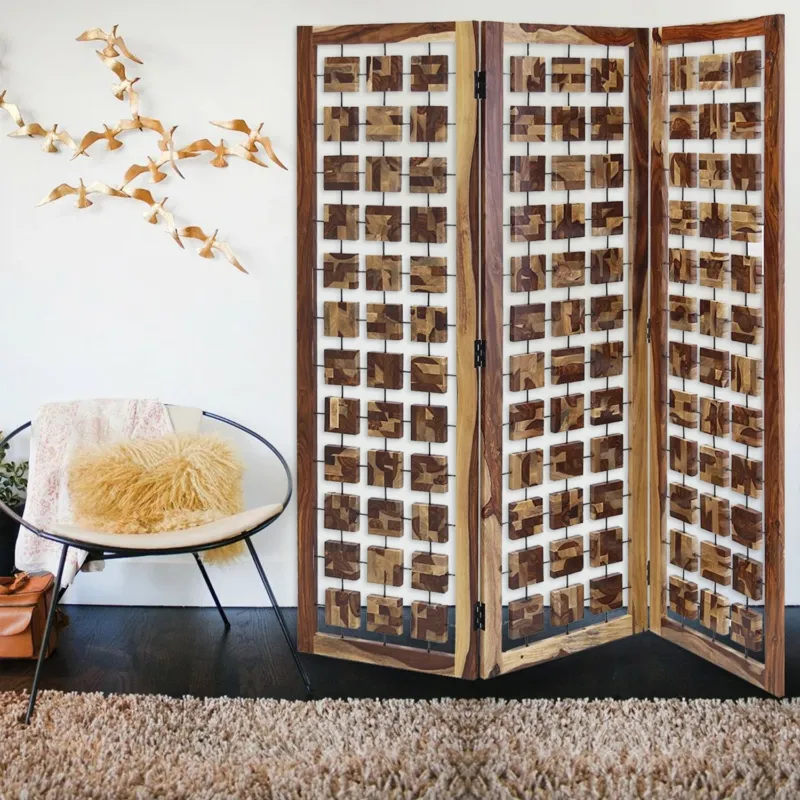 Mod Floating Wood Squares Three Panel Room Divider Screen By Homeroots | Room Dividers | Modishstore