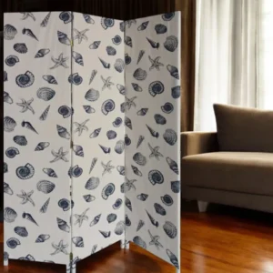 Blue and Beige Fabric Folding Three Panel Screen Room Divider By Homeroots | Room Dividers | Modishstore - 1