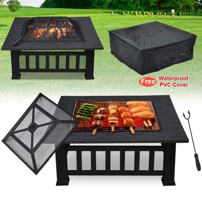 32" Gray Square Charcoal or Wood Burning Fire Pit with Cover By Homeroots | FIRE PITS | Modishstore