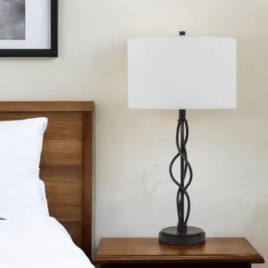 Black Metal Candlestick Table Lamp With Off White Drum Shade By Homeroots | Table Lamps | Modishstore - 1
