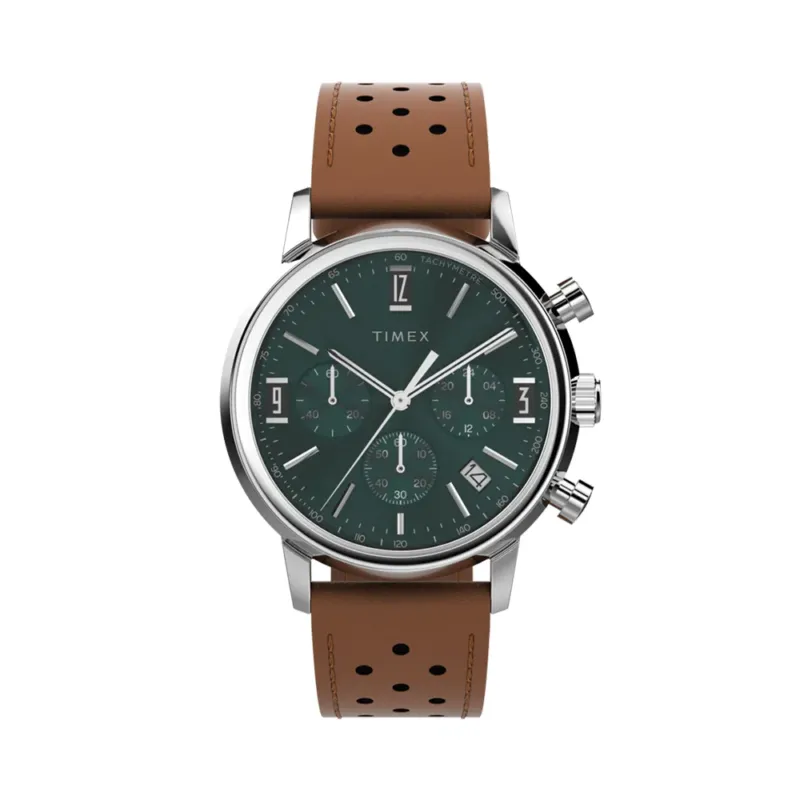 Timex chronograph with green dial tachymeter and brown perforated leather strap