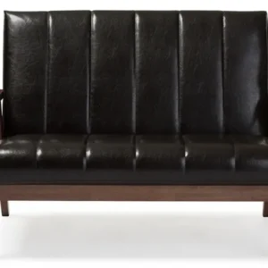 Baxton Studio Nikko Mid-century Modern Scandinavian Style Dark Brown Faux Leather Wooden 2-Seater Loveseat | Modishstore | Loveseats