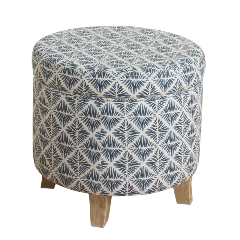 Round Shaped Fabric Upholstered Wooden Ottoman With Lift Off Lid Storage, Blue And White By Benzara | Ottomans | Modishstore