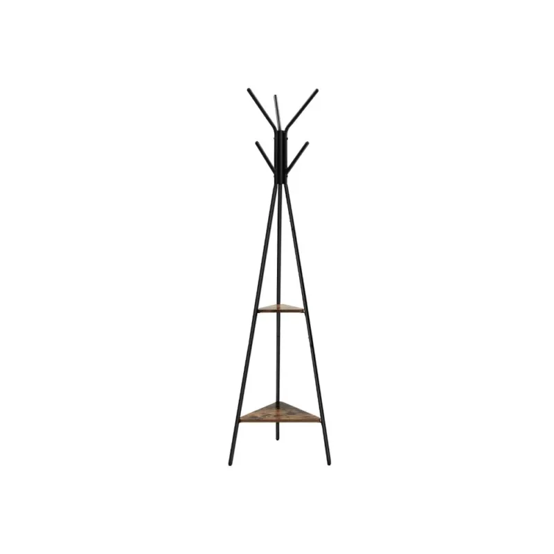 Iron Framed Coat Rack Stand With Six Hooks And Two Wooden Shelf, Black And Brown By Benzara | Coat Racks | Modishstore