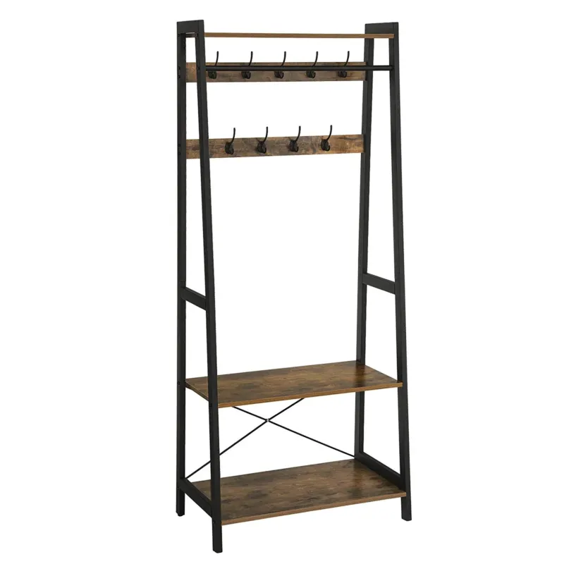 Iron Framed Coat Rack With Two Storage Shelves And Hanging Rail, Brown And Black By Benzara | Coat Racks | Modishstore