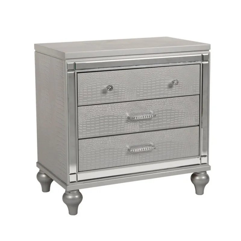 3 Drawer Wooden Nightstand With Mirror Accents And Faux Crystal Pulls, Gray By Benzara | Nightstands | Modishstore