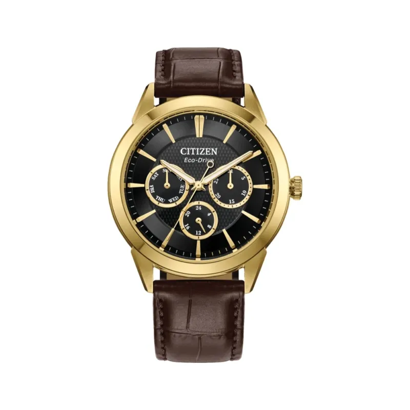 Citizen Rolan gold-tone 40mm watch with black dial on brown leather strap