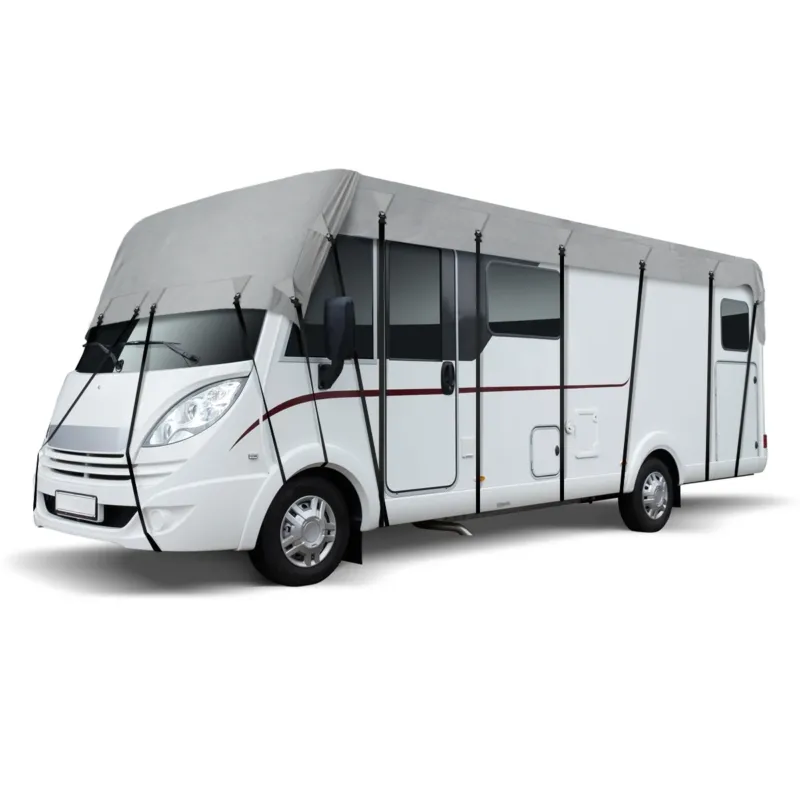 Weißer Wohnmobil mit grauer Abdeckung und Befestigungsgurten.