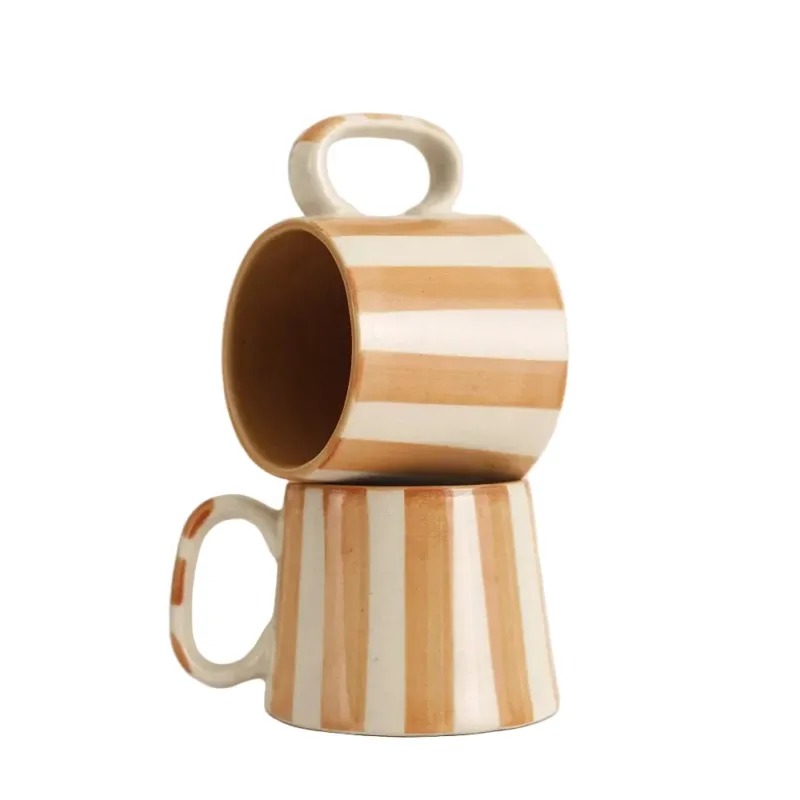 Ceramic Brown Stripe Coffee Cup, 220ml Set of 4 - Casa Amarosa