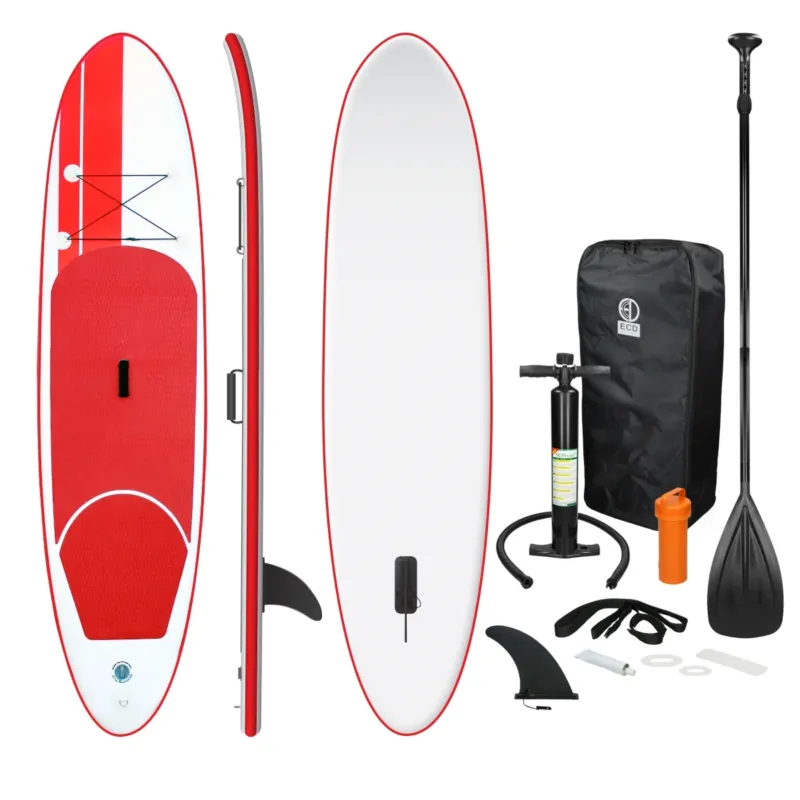 Stand-Up-Paddle-Board mit Zubehör wie Pumpe und Paddel.