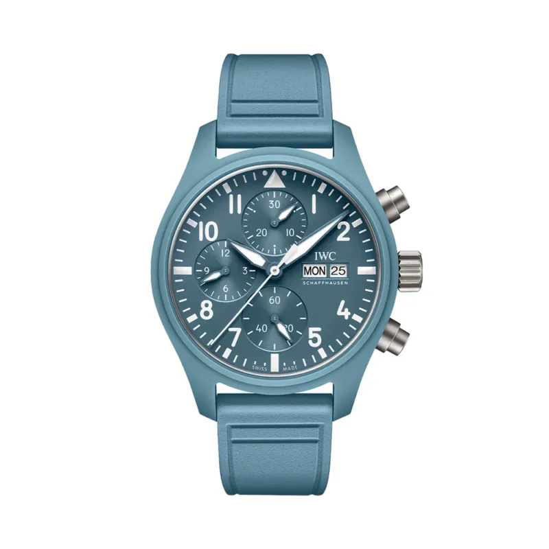 Blue ceramic case IWC TOP GUN Miramar pilot chronograph on a blue rubber strap