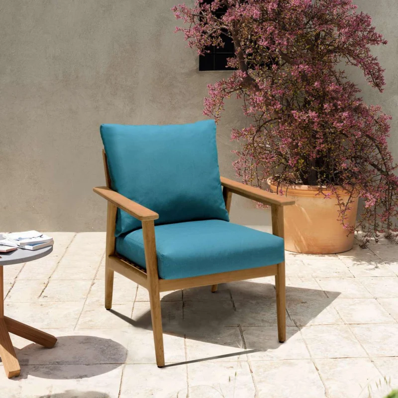 Eve Outdoor Teak Wood Lounge Chair with Teal Olefin By Armen Living | Outdoor Chairs | Modishstore