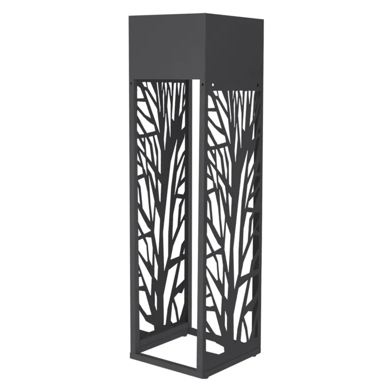 Schwarzer Pflanzkasten mit Baum-Motiv in einem modernen Design.
