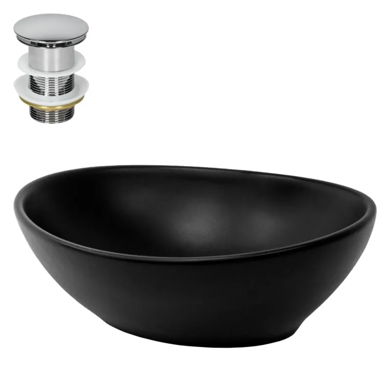 Schwarze Waschschüssel mit verchromtem Abfluss oben.