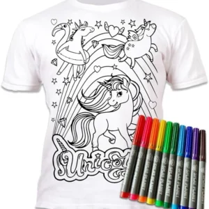 White tshirt with a unicorn design and a pack of coloured markers on a white baclground