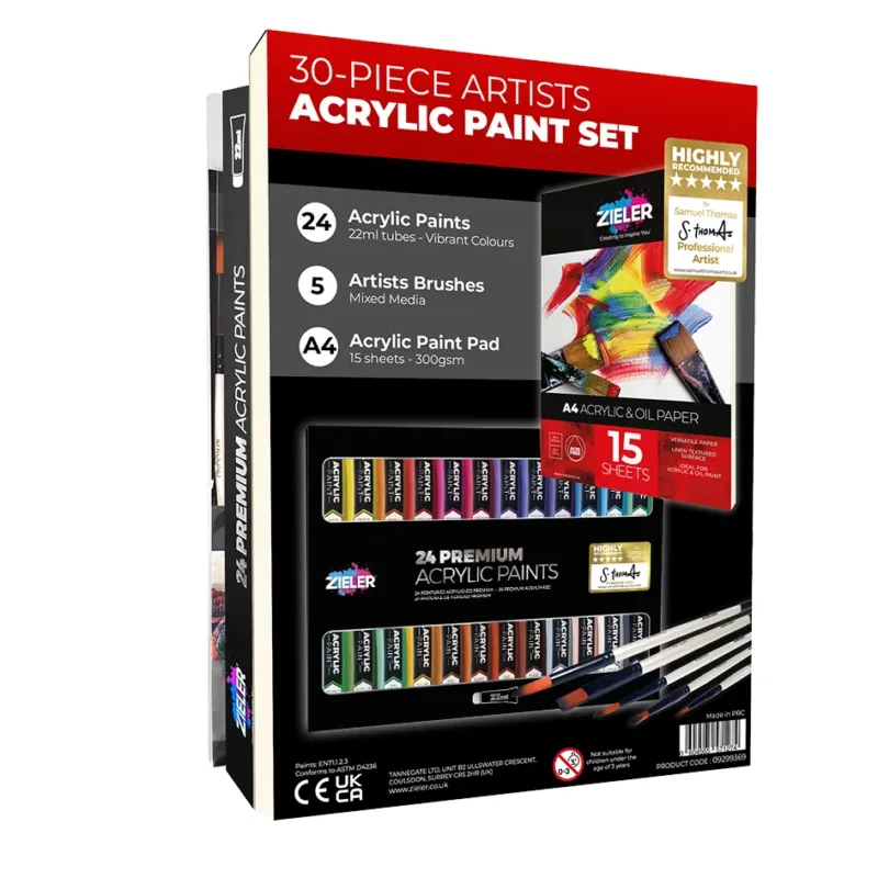 Zieler 30 Piece Acrylic Paint Set - Paints, Pad and Brushes