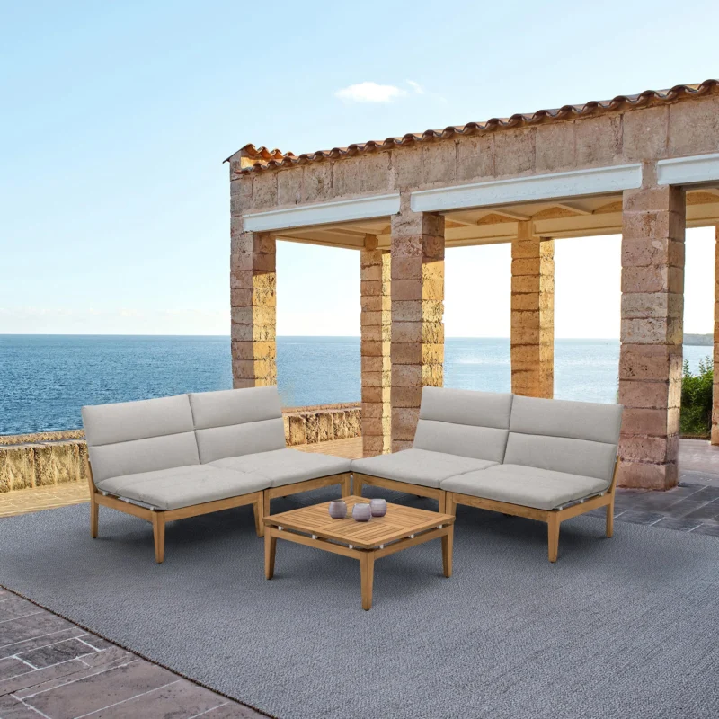 Arno Outdoor 5 Piece Teak Wood Seating Set in Beige Olefin By Armen Living | Outdoor Sofas, Loveseats & Sectionals | Modishstore