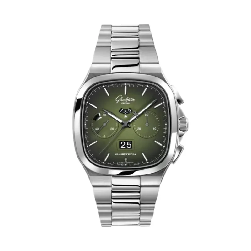 Glashütte Original Seventies Chronograph 40mm with matte lacquered green dial on stainless steel bracelet.