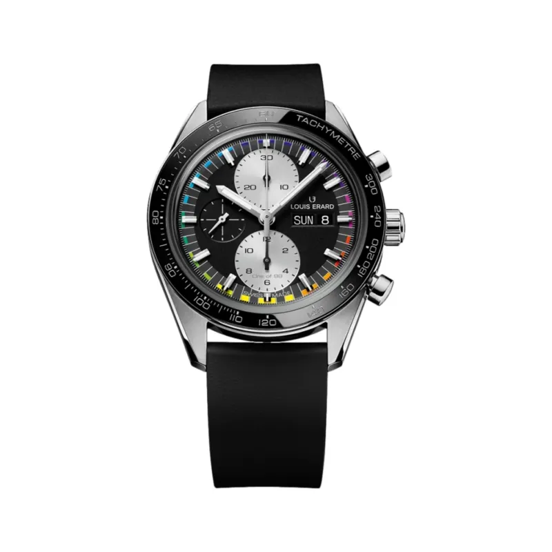 Front view of Louis Erard 2300 Rainbow Chronograph 44mm with black dial, rainbow markers and black strap.