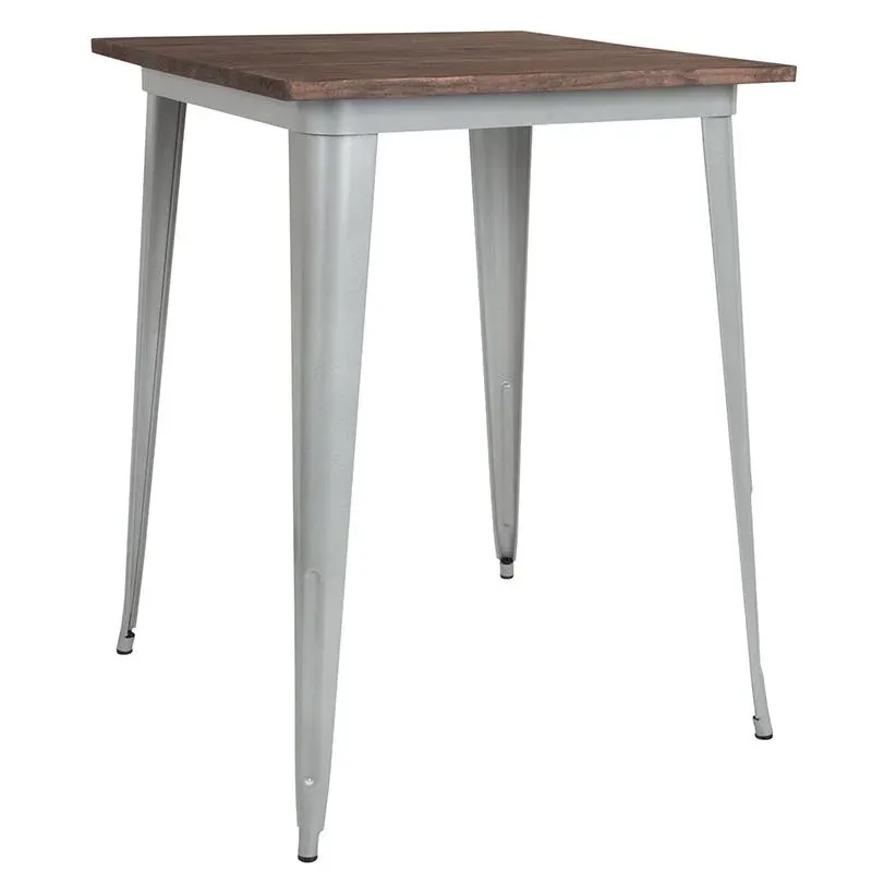 31.5" Square Silver Metal Indoor Bar Height Table With Walnut Rustic Wood Top By Flash Furniture | Bar Tables | Modishstore - 1