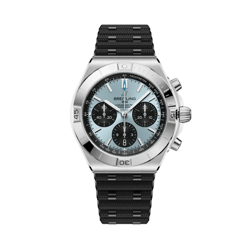 Chronomat B01 Automatic Panda Dial 42mm with light blue dial and black subdials on a black rubber strap