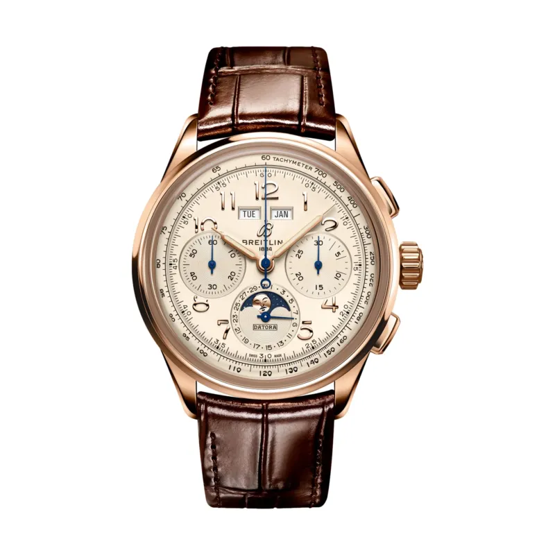 Breitling Premier B25 Datora 42mm in 18k red gold with ivory dial brown leather strap and moon phase subdial
