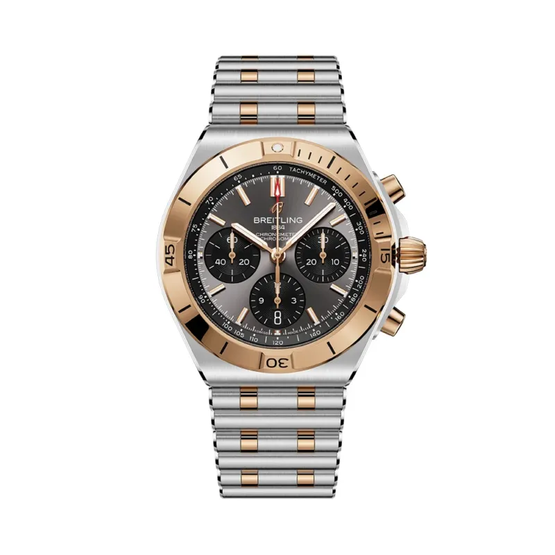 Chronomat B01 Panda Dial Two-Tone 42mm watch with rose gold bezel on a two-tone bracelet.