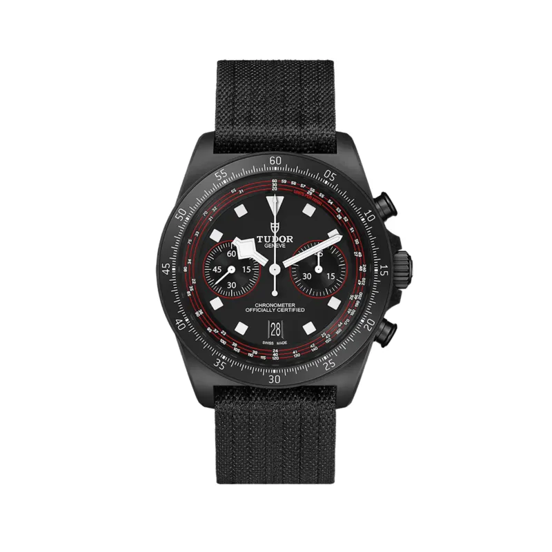 Pelagos FXD Chrono Carbon Composite 43mm with black fabric strap close up of the strap and partial watch case